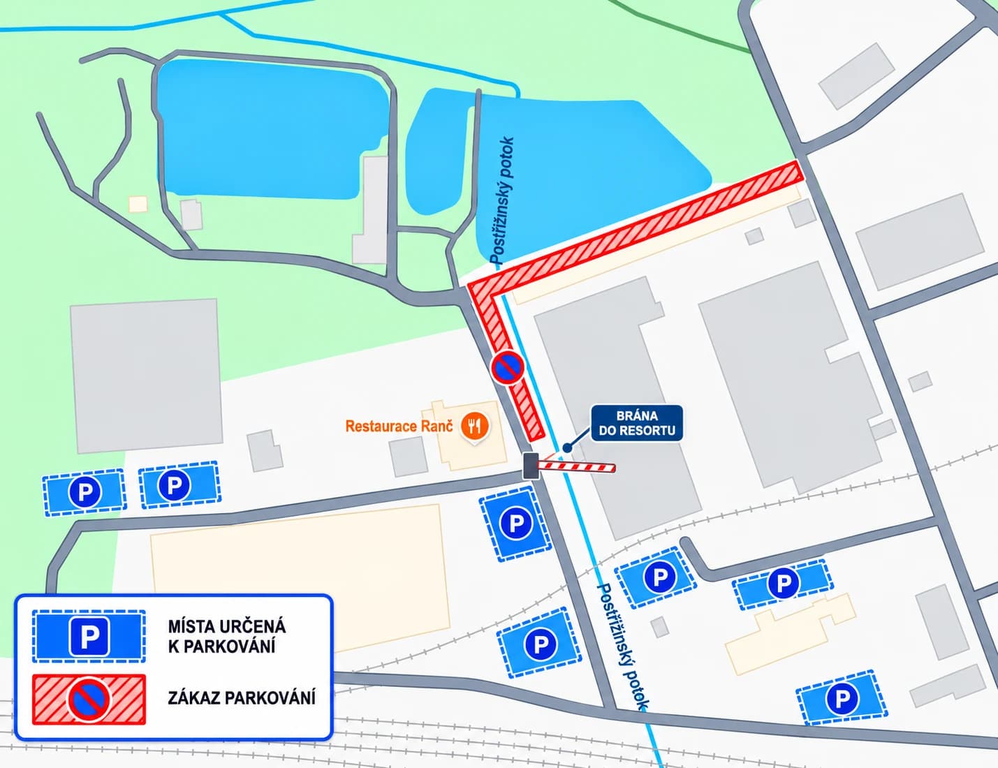 Mapa parkovišť před branou do Resortu Svět. Parkovat se dá jen na modře vyznačených místech, podél cesty u Postřižinského potoka je zákaz parkování.