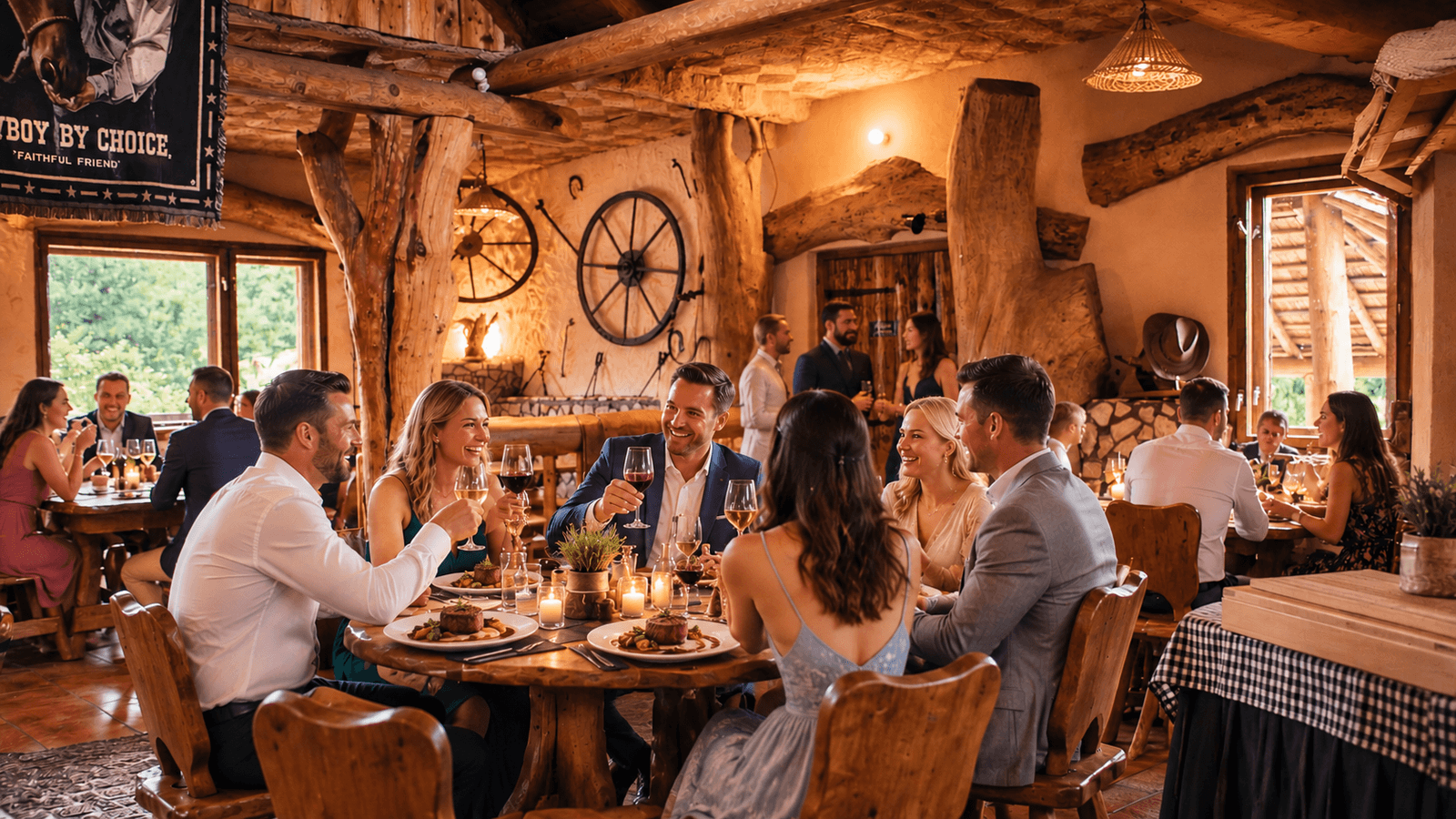 Hosté si připíjejí u stolu v restauraci Ranč